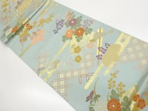 唐織　扇に草花・七宝模様織り出し袋帯